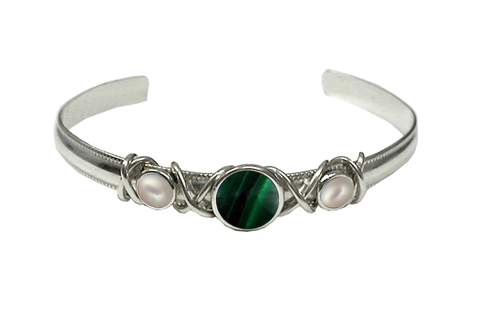 Sterling Silver Hand Made Cuff Bracelet With Malachite And Cultured Freshwater Pearl